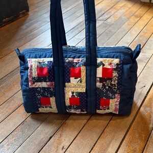Handmade Quilt Log Cabin Patchwork Quilted Tote Bag - Blue and Red